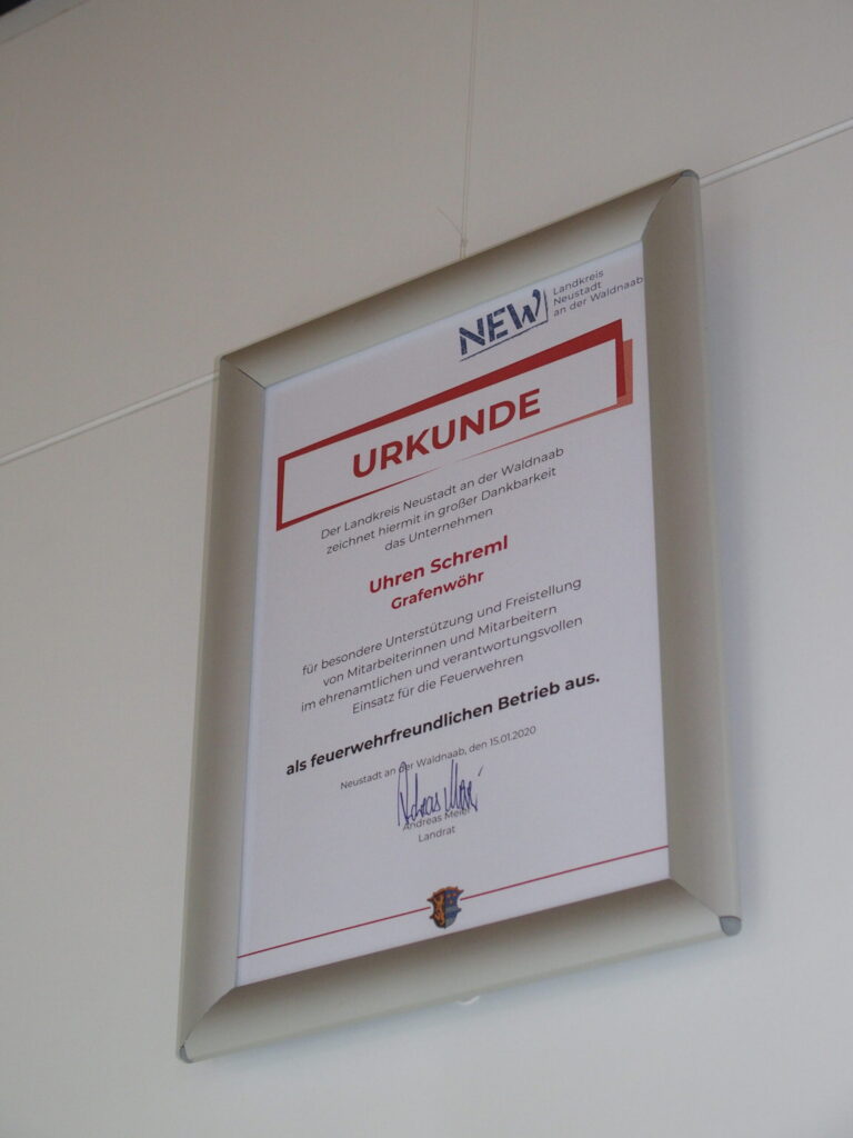 Urkunde "feuerwehrfreundlicher Betrieb"